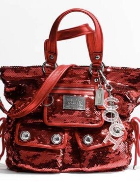 Coach Red Sequin Shoulder Bag with Charm Accents